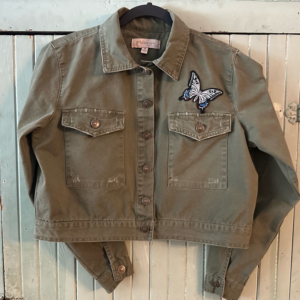 Philosophy Women's Olive/Army Green Denim Jacket Butterfly Patch Accents 🦋